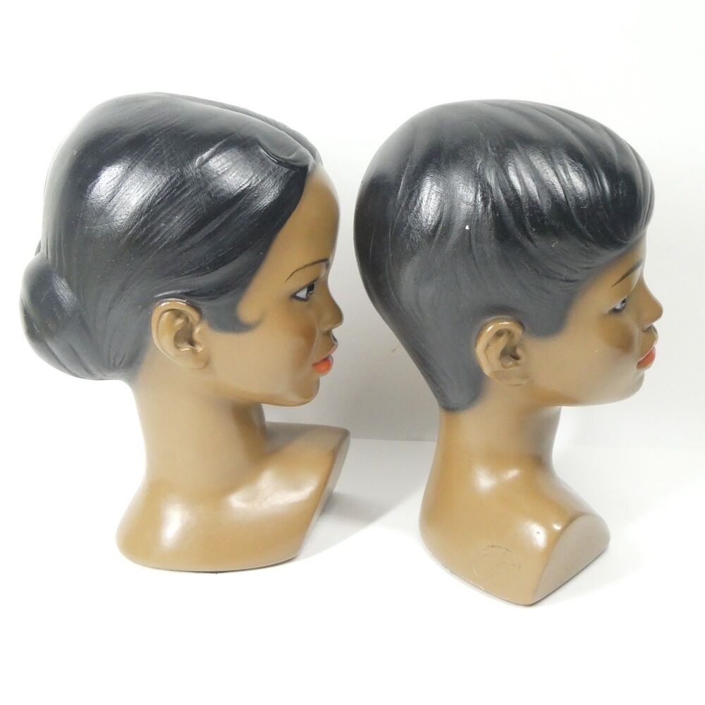 2 Marwal Busts Chalkware 1960s African American Heads Statues Ceramic MCM - Picture 7 of 15
